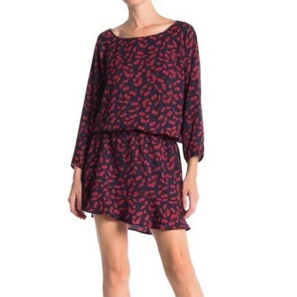 Joie Cherry Print 3/4 Length Sleeve Drop Waist Mini Dress Navy/Red - Size Large - Picture 1 of 13